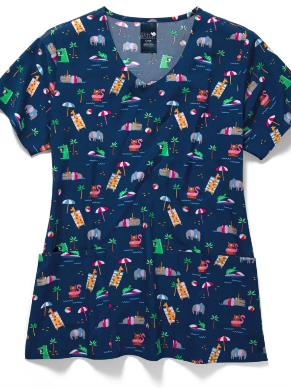 Zoe + Chloe  Women's V-Neck Print Scrub Top In SAFARI SPLASH